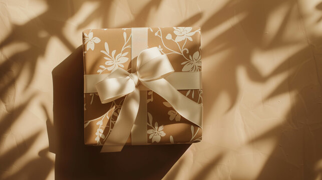 A beautifully wrapped gift box with floral-patterned paper and a satin ribbon, placed in warm sunlight with soft leaf shadows