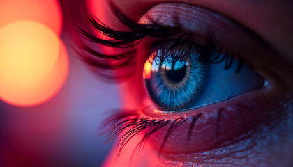 Closeup of a Vibrant Human Eye Illuminated by Neon Lights with Intense Focus and Detail. 