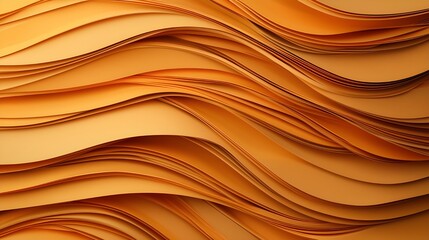 Obraz premium Abstract wavy layers, golden organic curves, warm tones, smooth flowing lines, undulating patterns, 3D texture, amber waves, sculptural forms, layered paper art, fluid motion, light and shadow play