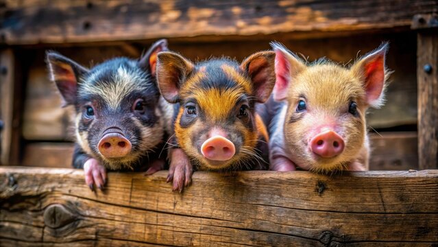 Adorable Mini Pigs: Macro Photography of Three Colorful Piglets in Farm Enclosure