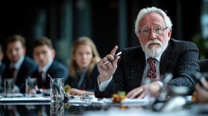 Senior businessman leading a meeting, office background