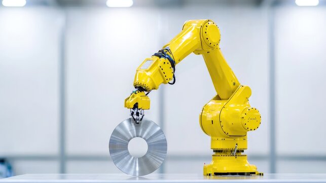 Yellow robotic arm handling metal disc in factory.  Industrial automation