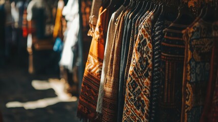Naklejka premium Colorful Textiles Hanging in a Market Setting