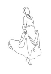 Woman wearing korean hanbok dress in continuous one line drawing. Single line art draw of young Korean woman wearing hanbok . Editable vector.