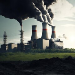 Large industrial plant with smoke billowing out of it. Generative AI