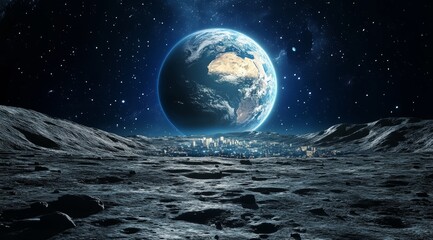 Earthrise over lunar city, seen from moon's surface.