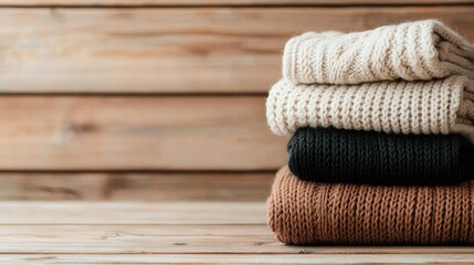 Stacked cozy sweaters on wood, autumn feel, lifestyle