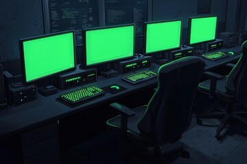 Naklejka premium A dimly lit workspace featuring multiple computers with green screens, suggesting a tech or gaming environment.