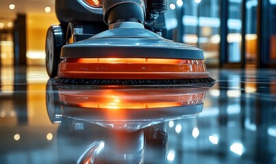 Industrial Floor Buffer Machine for Polishing and Cleaning Hallway by Janitorial Staff in Modern Corporate Building
