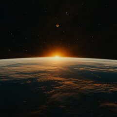 Sunrise over Earth from space, showing planet's curvature, atmosphere, and stars.