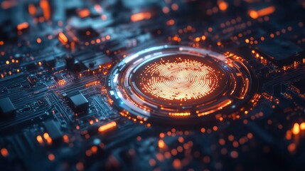 digital fingerprint overlaying a futuristic circuit board, symbolizing advanced security technology. Biometric identification concept with a glowing fingerprint on an electronic network.