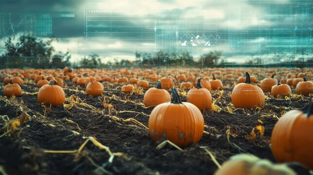 Digital interface overlaying a pumpkin patch, yield data graphically highlighted
