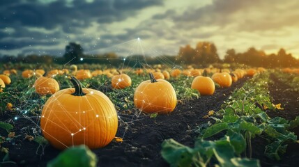 Digital interface overlaying a pumpkin patch, yield data graphically highlighted