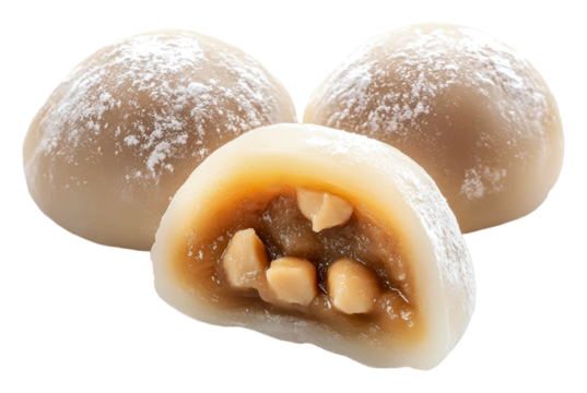 Popular mochi dessert with sweet filling displayed isolated on transparent background