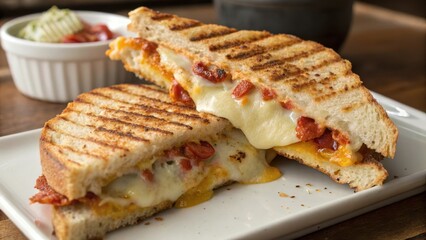 A delicious grilled cheese sandwich with melted cheese and roasted red peppers served on a white plate