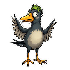 Fototapeta premium Funny cartoon bird with a green frog on its head isolated on black background