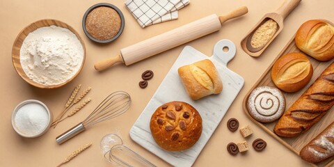 Artisan Bakery Goods A Flat Lay of Freshly Baked Breads, Pastries, and Baking Ingredients