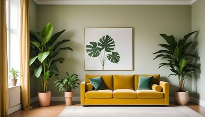 Beautiful retro living room with warm caramel autumn colors, offering interior design ideas and home decoration inspiration. Bright image.
