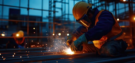 Welder working at night construction site