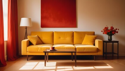 Back of the comfort orange sofa at modern apartment with copy space picture frame for art or painting on wall Living room interior elegant home design with furniture Simple style of el : Generative AI