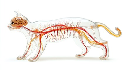 Obraz premium A cat nervous system model, displaying brain, spinal cord, and peripheral nerves, veterinary medical reference, isolated on white background