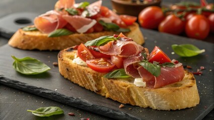 Delicious Toasted Bread with Cured Meat, Cherry Tomatoes, and Basil