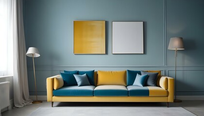 Scandinavian living room interior design zoom background,Doodle patterned wallpaper graphics
