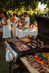 Outdoor barbecue party with skewers and meat on grill, and people on background