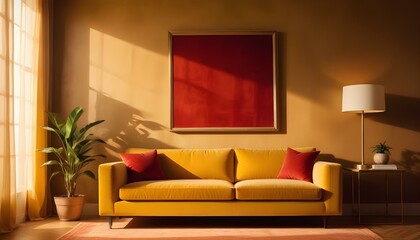 Back of the comfort orange sofa at modern apartment with copy space picture frame for art or painting on wall Living room interior elegant home design with furniture Simple style of el : Generative AI