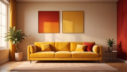 Back of the comfort orange sofa at modern apartment with copy space picture frame for art or painting on wall Living room interior elegant home design with furniture Simple style of el : Generative AI