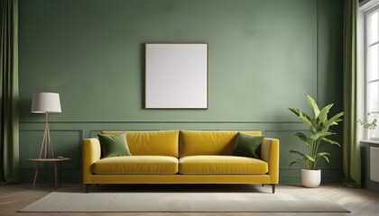 Back of the comfort orange sofa at modern apartment with copy space picture frame for art or painting on wall Living room interior elegant home design with furniture Simple style of el : Generative AI