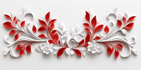 Create a 3D-rendered vector artwork of symmetrical red ornamental shapes adorned with detailed white floral and vine patterns. 