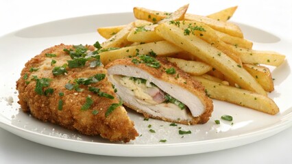 A crispy breaded chicken breast stuffed with savory filling, served alongside a generous portion of golden-brown french fries, garnished with fresh herbs