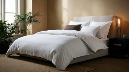 White bedding on bed in sunlit room