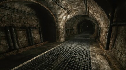 Obraz premium Dimly lit underground tunnel with metallic textures and grid floor.