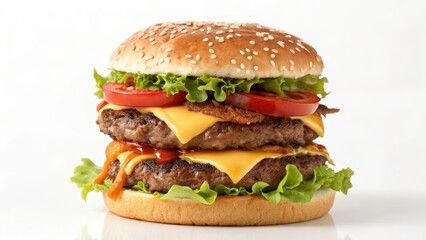 A Juicy Double Cheeseburger with Toasted Sesame Seed Bun, Melted Cheese, Lettuce, Tomato, and Ketchup