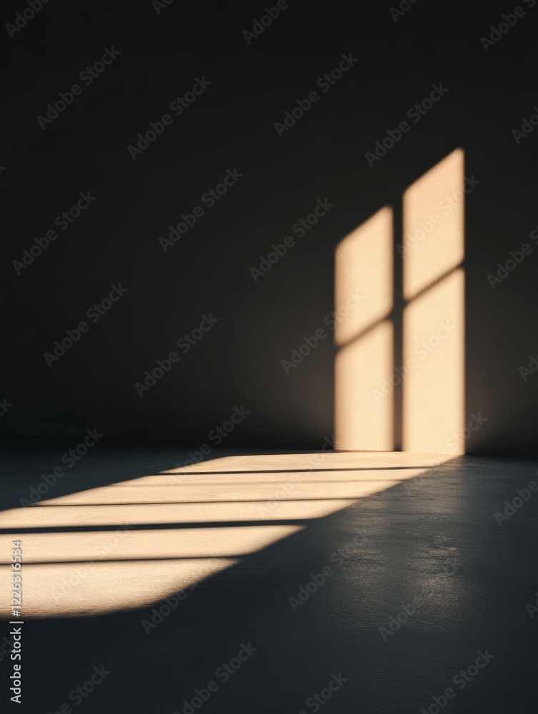 Wall mural sunlight streams through a window in a dark room, casting shadows on the floor.
