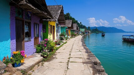 Fototapeta premium Colorful houses line lakeside walkway, boats on calm water, mountains in background - travel photography