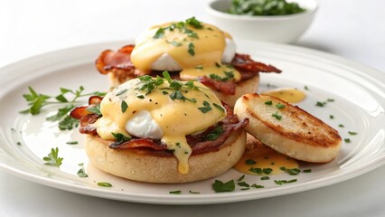 Delicious eggs benedict with crispy bacon and hollandaise sauce, garnished with fresh herbs on a white plate