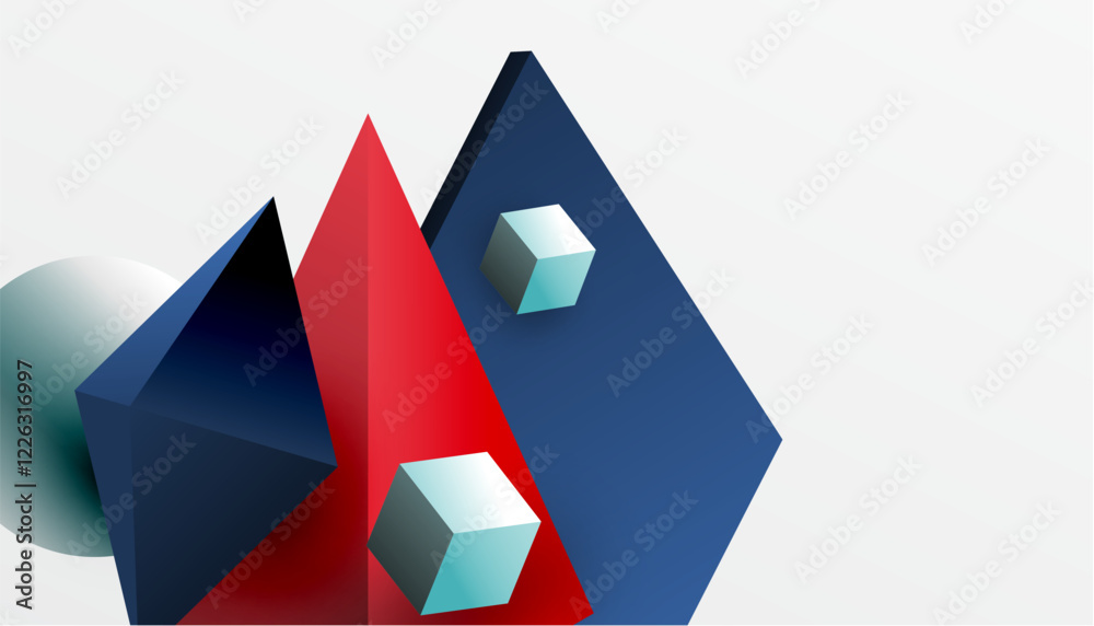 Poster abstract design showcasing isometric cubes, pyramids, squares, and spheres in a vibrant 3d layout. m