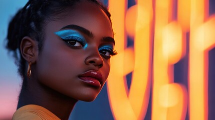 Woman, neon lights, city, night, portrait, beauty, makeup, fashion, style, editorial