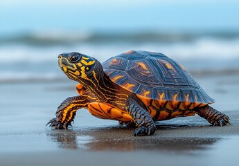 Obraz premium A Colorful Turtle Walking on the Sandy Beach Shoreline with Soft Ocean Waves in the Background During a Bright Sunny Day