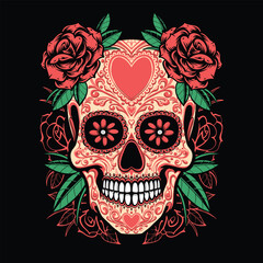 sugarskull with roses and heart tattoo