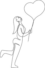 continuous line drawing of a woman with a heart shaped balloon.