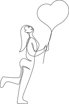 continuous line drawing of a woman with a heart shaped balloon.