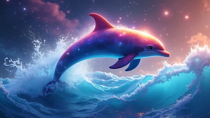 Fototapeta premium colorful dolphin leaping cosmic energy waves