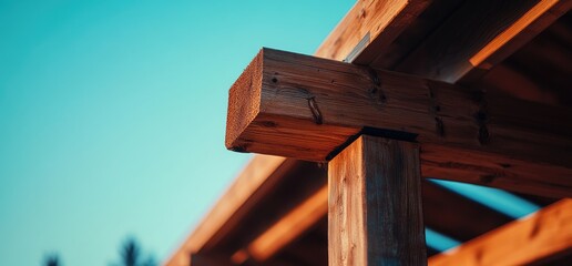 Fototapeta premium Wooden beam structure, outdoor construction, sunny sky. Website use