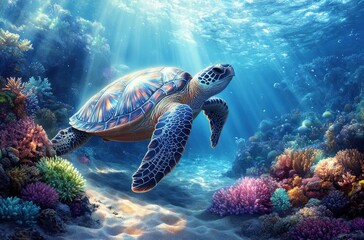 Fototapeta premium A Majestic Sea Turtle Swimming Gracefully Through Vibrant Coral Reefs Under Bright Sunlight Beneath Crystal Clear Ocean Waters