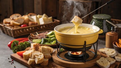 Warm Cheese Fondue with Crusty Bread Dippers and Steaming Broth