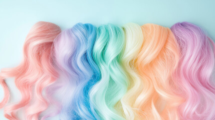 pastel rainbow color row of hair wefts blue background pink purple lavender green yellow orange...